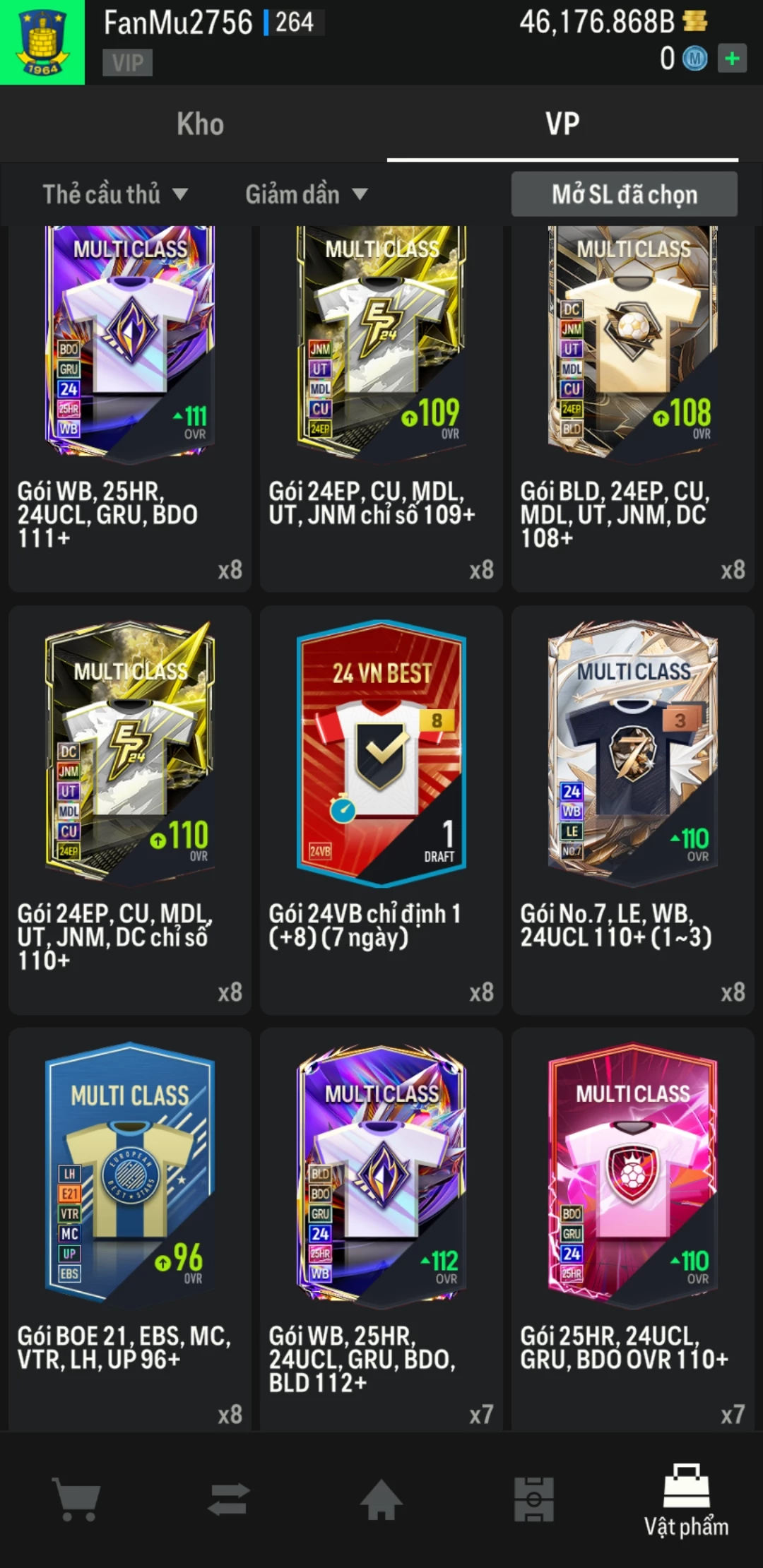 Ảnh ACC mở thẻ (LOẠI SVIP PROMAX) bao gồm có thẻ +12, thẻ Prime (có QH, CP, XS) và 1500+ đến 2000+ thẻ cầu thủ từ Siêu sao đến Miền núi các loại khác. Có sẵn BP trắng trong acc từ 40.000 tỷ BP đến 46.000 tỷ BP kèm theo nhiều ngày SVIP